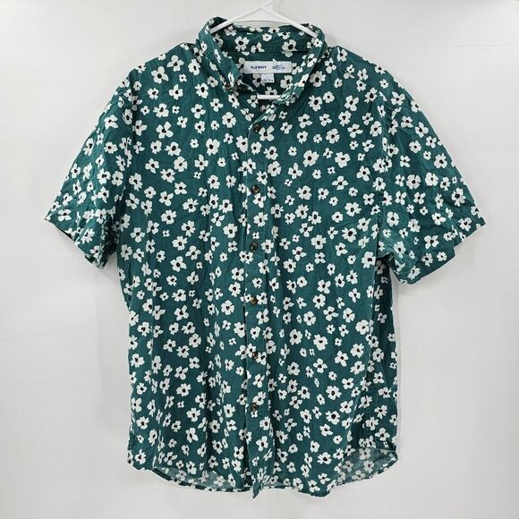 Old navy mens slim fit button up floral shirt collared large green flowers casua - Picture 1 of 3